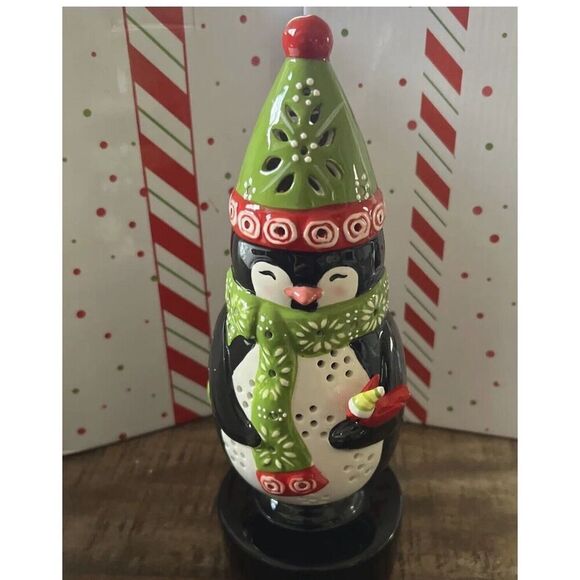 Temptations Christmas Ceramic Penguin Light Up Centerpiece Green Red 10" New - Picture 1 of 3